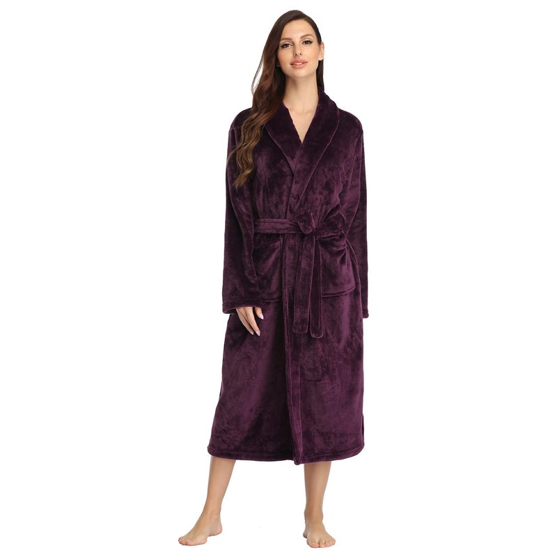 RONGTAI Womens Bathrobe Ladies Fleece Plush Warm Long Robes (Large,Dark Purple) - Image 4